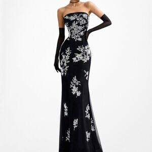 Vintage Y2K Black White Floral Beaded Strapless Maxi Formal Prom Dress Size S